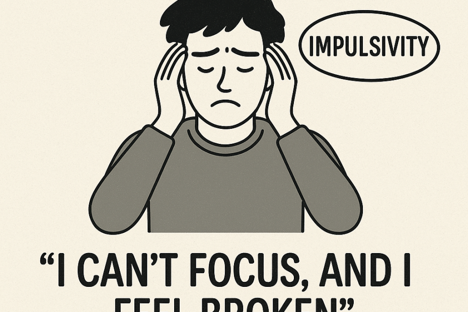Illustration of a frustrated man holding his head, surrounded by thought bubbles labeled “Distraction,” “Racing Thoughts,” and “Impulsivity,” representing adult ADHD symptoms. Below is the blog title: “I Can’t Focus, and I Feel Broken: How Parts Work Therapy Helps Adults with ADHD in Katy, Texas.” Mental health and ADHD therapy concept.