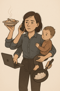 Image of a woman juggling career, household duties and parenting