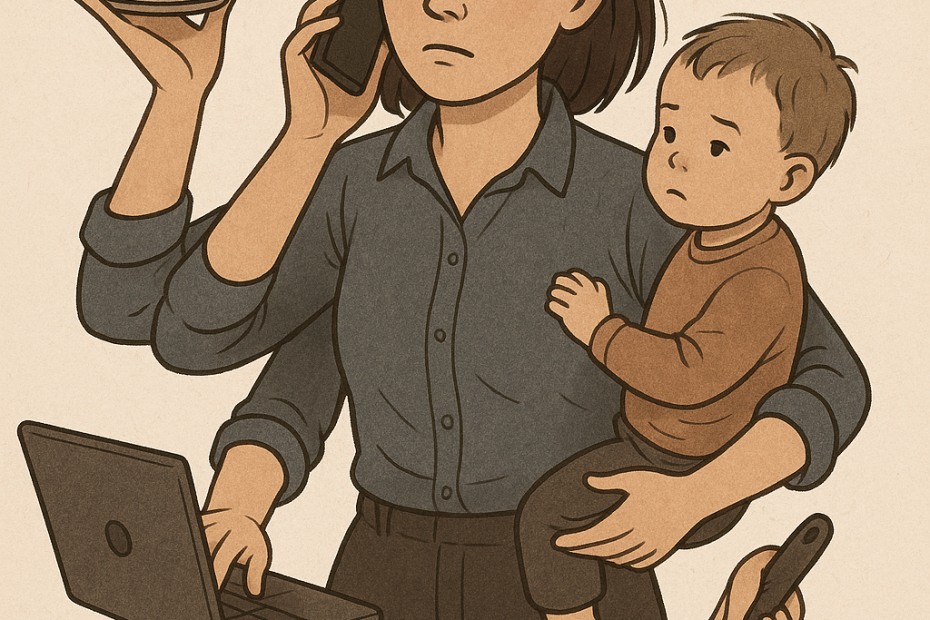 Image of a woman juggling career, household duties and parenting